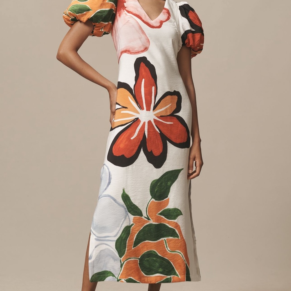 Anthropologie Floral Puff Sleeve A Line Maxi Dress
